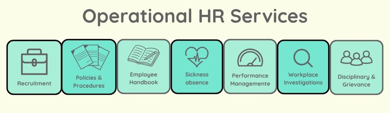 Recruitment, HR policies, Employee Handbook, sickness absence, performance management, investigations, disciplinary and grievance.