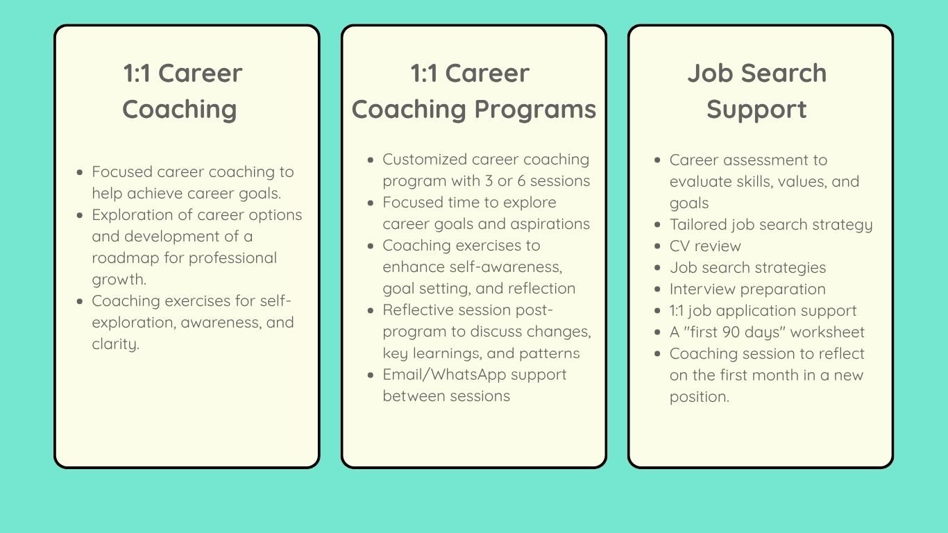 Career coaching services overview focused on progression and enhancing career satisfaction, increase salary, job search support